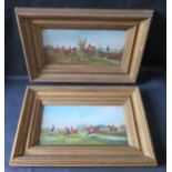 A Pair of Victorian Hunting Scenes, indistinctly signed and dated, oil on board, 34x17, framed &
