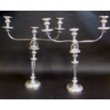 A Pair of 19th Century Silver Plated Three Branch Candlesticks with removable branch, 54cm