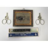 A 19th Century Framed Photograph of a horse and carriage (10x8.5cm inc. frame), pair of cigar