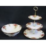 A Royal Albert Old Country Roses Three Tier Cake Stand and 10" bowl