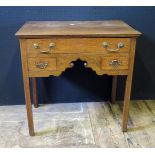 Antique Table with One over Two Drawers. Carved scroll front. H. 73cm, W. 73cm, D. 47cm