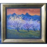 Allan Cotton, blossom at sunset with mountains behind, oil on canvas, 41x35cm, framed