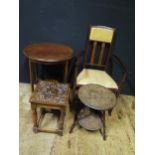 A Art Nouveau Carver Chair, Mahogany Side Table & Two Small Carved Occasional Tables .