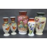 Five 19th Century Glass Vases with floral enamel decoration, largest 29.5cm