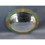 A Green Japanned Chinoiserie Decorated Wooden Bevel Edge Oval Mirror. (29cm x 24cm)