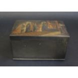 Russian Lacquered Tea Caddy. The Lid with image of Orthodox ceremony. Interior with two