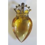 An Antique Yellow Crystal Glass Heart surmounted with a gilt crown, 36x19mm