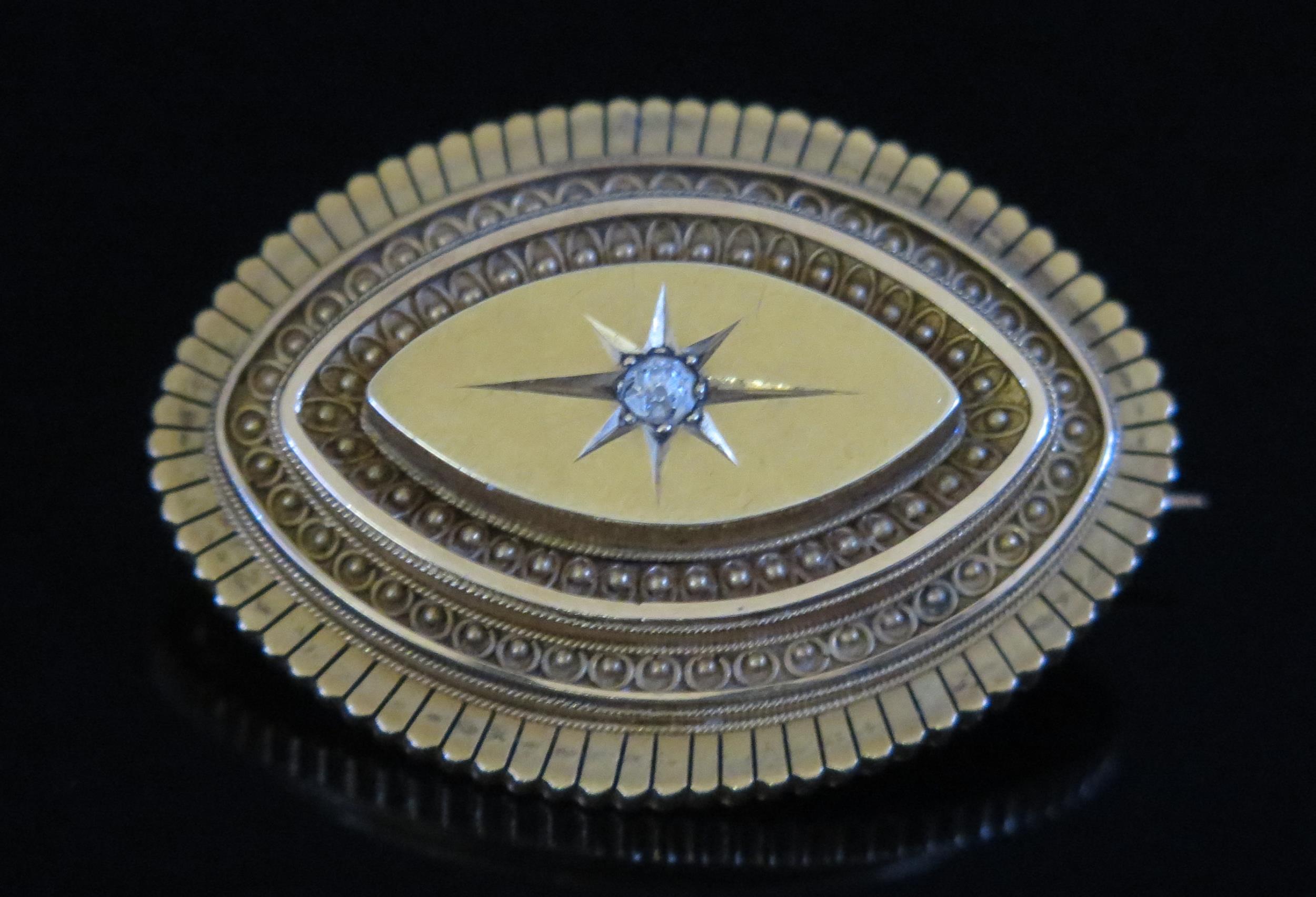 A Victorian 15ct Gold and Old Cut Diamond Memorial Brooch with glass panel verso, 3mm diamond,