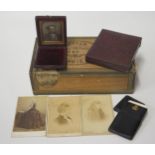 A Cased 19th Century Tinted Daguerreotype 5x4cm, carte de visite, Leuchars leather card case, etc.