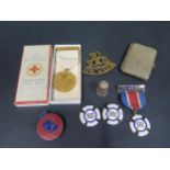 A 70 VAD DEVON Regiment Badge, silver thimble, WWI British Red Cross War Service medallion, etc.