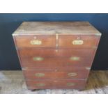 A 19th Century Oak Campaign Chest of Drawers with brass mounts. H. 108cm, W. 91cm, D. 45cm.