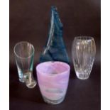 A Large Studio Glass Vase, three others and an oil burner, tallest 39cm