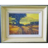 Alan Cotton, Harvest in The Otter Valley 1988, oil on canvas, 35x24cm, framed. Details verso