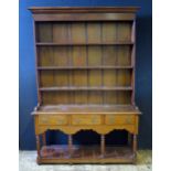 Antique Oak Dresser. Base with three Drawers, Brass Handles. Top part with three Shelves. H.