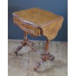 Victorian Walnut Drop Leaf Sewing Table. With folding Leaves either side, central drawer, hinged top