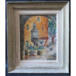 A Signed Mediterranean Street Scene with water fountain, oil on board, 25.5x20.5cm, framed