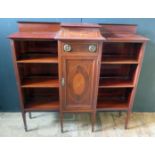 Mahogany Cabinet With Shelves either side of Raised Cupboard and Drawer. Inlaid pale wood