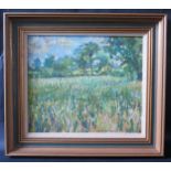 Tricia Holmes, landscape meadow scene, oil on board, 33x28cm, framed