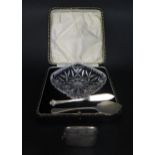 A Cased Cut Crystal Butter Dish with Sheffield Silver butter knife, silver spoon and damaged vesta
