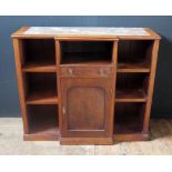Antique Break Front Wood Cabinet with Marble Inset Top. Shelves either side of central Cupboard