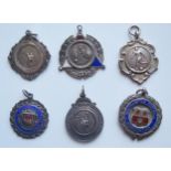 Six Silver Football Medallions including Southampton, E.K.W.L., D.F.M.W.J.F.L., Grange Cup and