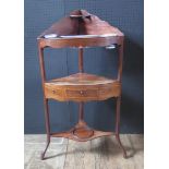 Antique Corner Wash Stand. Three tier with central Drawer. The top shelf holding three Blue and