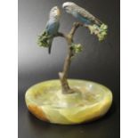 An Original Cold Painted Bronze and Onyx Dish modelled as a pair of Budgerigars on a branch, 14cm