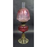 Victorian Oil Lamp. Etched Glass Shade. Total height 57cm.
