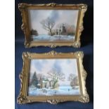 James Comber?, pair of traditional snowy scenes, oils on panels, 24.5x19cm, framed