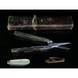 A 19th Century Cased Three 'Blade' Scissor Knife 8cm (one blade missing) and two miniature penknives