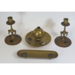A Victorian Brass and Cabochon Banded Agate Four Part Desk Set