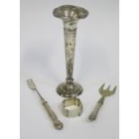 A Birmingham Silver Napkin Ring with engine turned decoration, loaded silver vase (A/F) and two