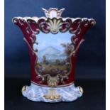 A 19th Century Flower vase with cover, the claret ground decorated with a hand painted scene of