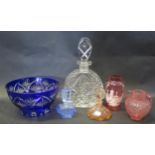 A Cut Crystal Decanter, 27cm tall, blue overlay cut crystal bowl and other glass