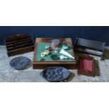 A Clerks Writing Box, stationary rack, Black Forest tray, ivory oddments, etc.