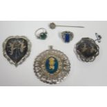 Two SIAM Silver and Niello Brooches (largest 55x45mm), South American style silver pendant /