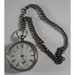 A Silver Cased Open Dial Pocket Watch (Birmingham 1897) and silver chain. Needs attention