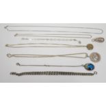 A Heavy Curb Link Bracelet (9"), butterfly wing pendant, locket on chain, 'B' pendant on chain,