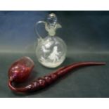 A Mary Gregory Decanter (23.5cm) and Nailsea glass pipe (44cm long), mouthpiece damaged