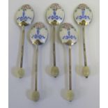 A Set of Five George V Silver and Guilloché Enamel Coffee Spoons, Birmingham 1932, T&S, 47g