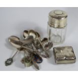 A Silver Box (C. 5cm sq., 31.6g, marks rubbed), silver topped bottle (A/F) and plated spoons
