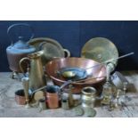 A Large 19th Century Copper Preserve Pan (56cm diam.), three other old copper pans, kettle, etc.