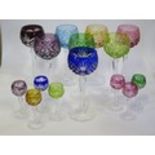 A Set of Eight Cut Crystal Harlequin Overlay Hock Glasses (20cm) and seven smaller (10.5cm)