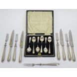 A Cased Set of Six George V Silver Coffee Spoons, Birmingham 1927, WHH, 35g and odd fruit knives and