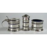 A George V Pierced Silver Three Part Condiment Set with blue glass liners, Birmingham 1924, D&B,