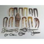 Tortoise Shell Hair Combs, silver handled scissors, glove hooks, etc.