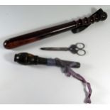 A Military Police Rosewood Truncheon, horn flask and pair of early scissors