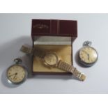 A Boxed ROTARY Gold Plated Chronograph Wristwatch and two pocket watches. All A/F