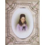A Victorian half portrait of a young girl on opaline glass with embroidered surround, 30 x 24cm, F &