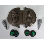 An Indian Silver Belt Buckle, pair of malachite earrings and pair of marcasite clips